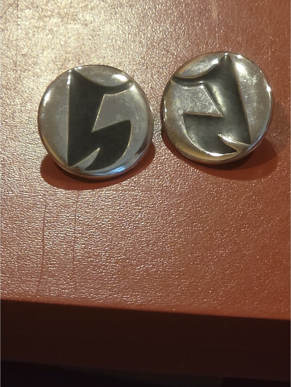 Vtg Monet Funky Black Enamel & Silver Art Deco Modernist Disk Earrings
